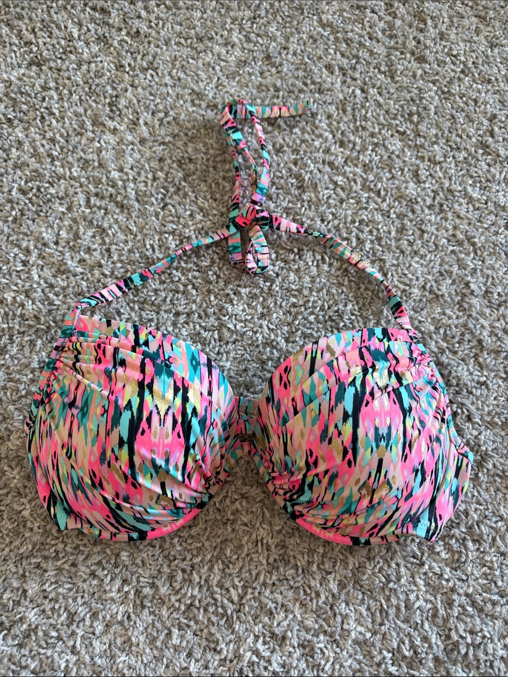 Shade & Shore Pink Teal Black Printed Halter Bikini Top